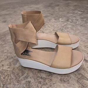 Sorel Women's Cameron Flatform Wedge Ankle Strap Sandals Tan Sz 8.5